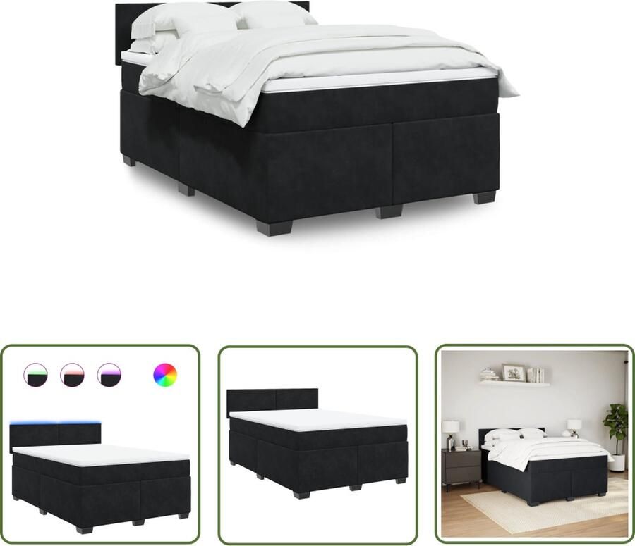 The Living Store Boxspringbed zwart fluweel 140 x 190 Pocketveringmatras LED-licht-Harde matras met topmatras-Lengte USB-kabel 150 cm_IP65 Boxspringbed Boxspring Fluweel Bed Zwarte Bed Tweepersoonsbed