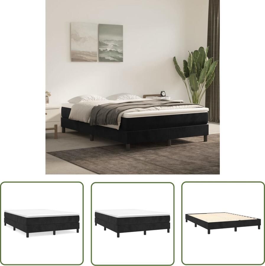 The Living Store Boxspringbed Zwart Fluweel 140x200cm Pocketvering Middelharde ondersteuning Boxspringbed Boxspring Slaapcomfort Velvet Bed Zware Boxspring