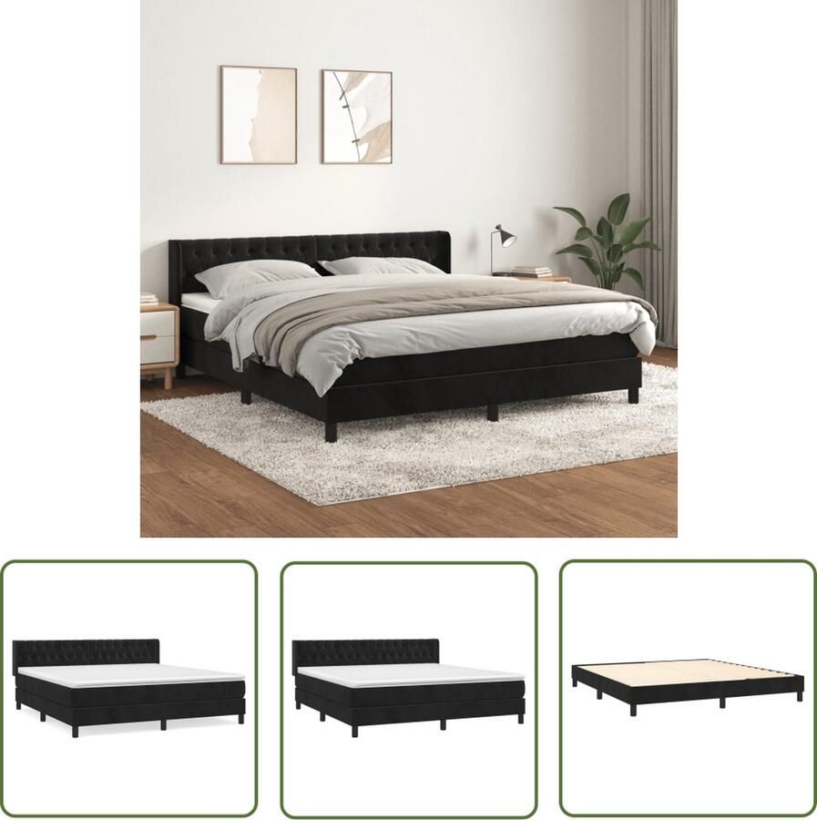 The Living Store Boxspringbed Zwart Fluweel Pocketvering Matras Middelharde Ondersteuning Huidvriendelijk Topmatras 203x163x118 128 cm Boxspringbed Boxspring Tweepersoonsbed Velvet Bed Zitzakken - Foto 2
