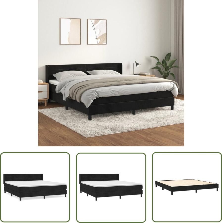 The Living Store Boxspringbed Zwart fluwelen bedframe Matras en topmatras inbegrepen 160 x 200 cm Boxspringbed Boxspring Velvet Bed Zwarte Boxspring King Size Bed