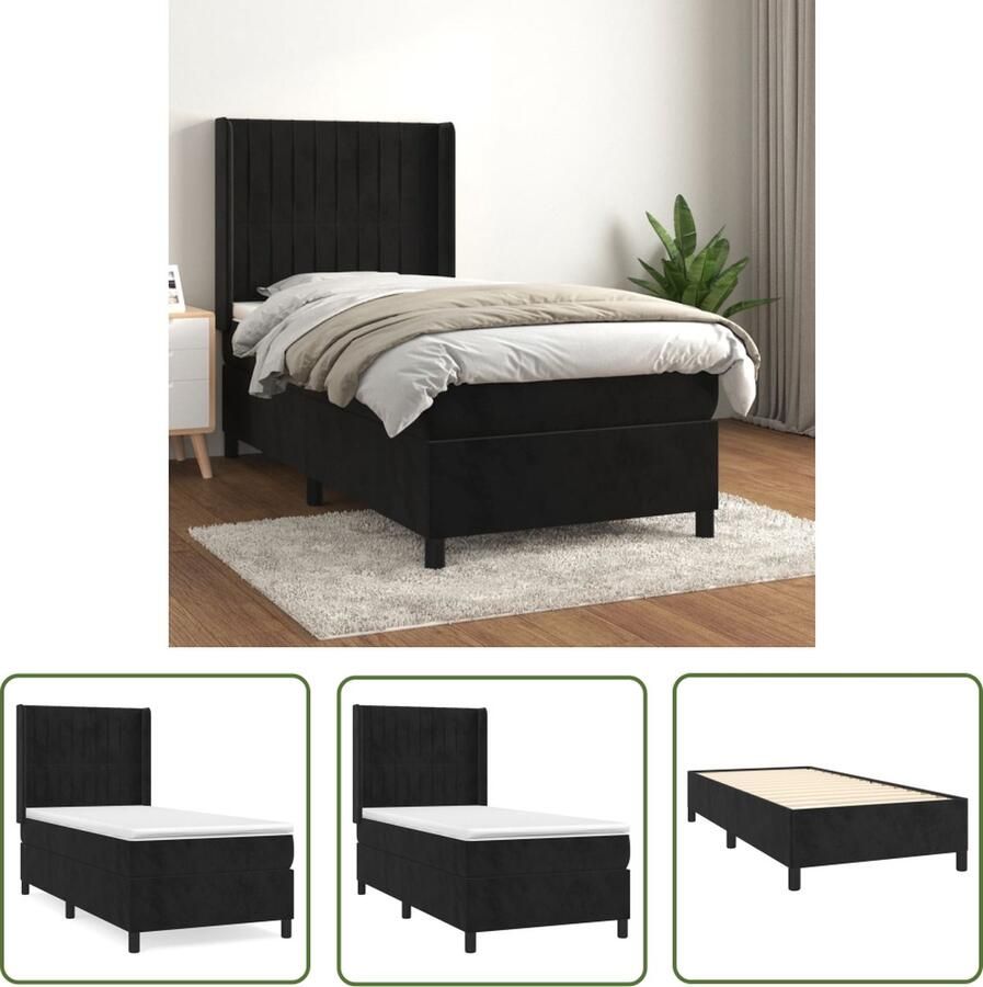 The Living Store Boxspringbed Bed 203 x 83 x 118 128 cm Zwart fluweel Pocketvering matras Middelharde ondersteuning Huidvriendelijk topmatras