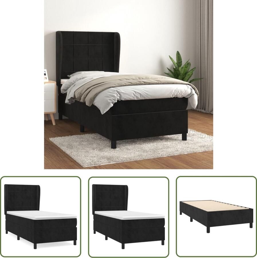 The Living Store Boxspringbed Zwart fluweel Pocketvering matras Middelharde ondersteuning Huidvriendelijk topmatras Boxspringbed Boxspring Velvet Bed Zwarte Boxspring Tweepersoons Bed - Foto 3