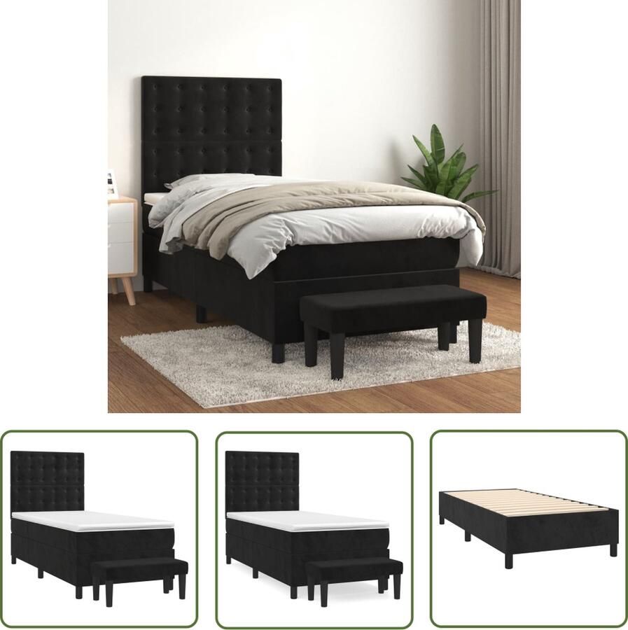 The Living Store Boxspringbed Delta Bed 203 x 90 cm Zwart Fluweel Hoofdbord Verstelbaar Pocketvering Matras Middelharde Ondersteuning Huidvriendelijk Topmatras Multifunctioneel Bankje