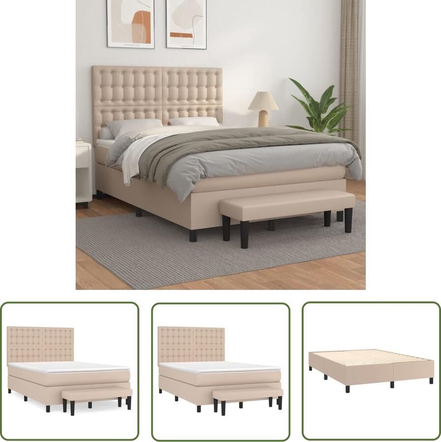 The Living Store Boxspringbed Cappuccino Kunstleer 193x144x118 128 cm Verstelbaar hoofdbord Pocketvering matras Middelharde ondersteuning Huidvriendelijk topmatras Multifunctioneel bankje