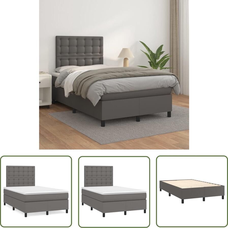 The Living Store Boxspringbed Grijs Kunstleer 203x120x118 128 cm Verstelbaar hoofdbord Pocketvering matras Middelharde ondersteuning Huidvriendelijk topmatras Boxspringbed Boxspring Slaapcomfort Kunstleer Grijs - Foto 2