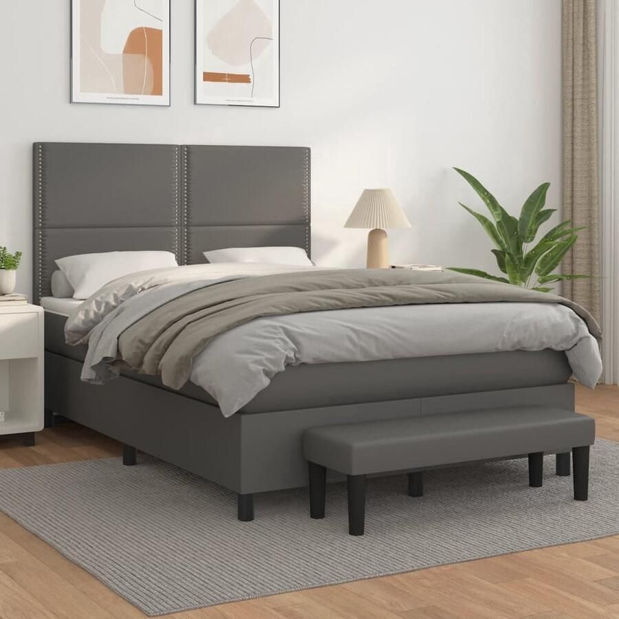 The Living Store Boxspring met matras kunstleer grijs 140x190 cm Boxspringbed Boxspring Slaapkamer Meubels Bed Frame Tweepersoonsbed