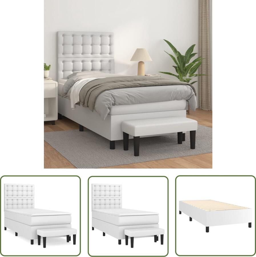 The Living Store Boxspringbed Wit Kunstleer 203 x 100 x 118 128 cm Hoogwaardig Verstelbaar hoofdbord Pocketvering matras Middelharde ondersteuning Huidvriendelijk topmatras Multifunctioneel bankje