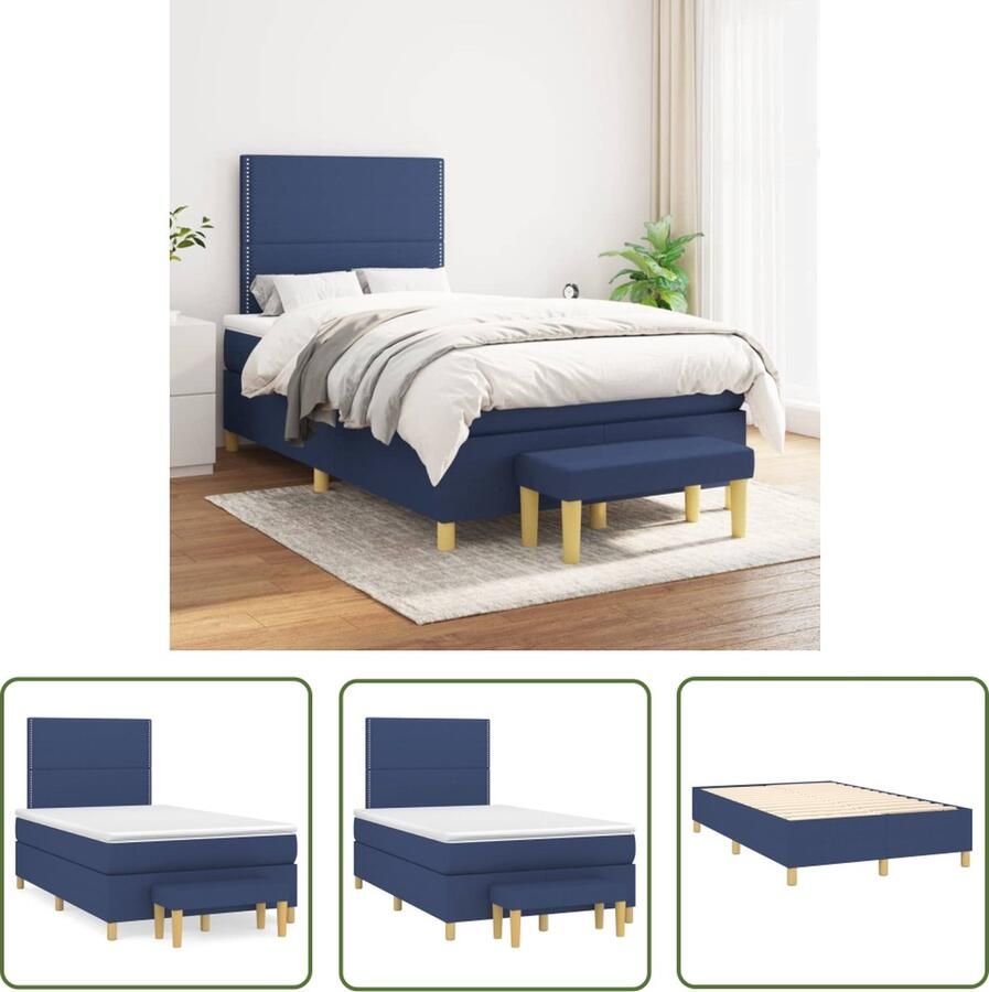 The Living Store Boxspringbed Blauw 203 x 120 x 118 128 cm Pocketvering matras Middelharde ondersteuning Huidvriendelijk topmatras Multifunctioneel bankje Boxspringbed Slaapcomfort Pocketvering Middeld Hard Blauwe Kleur