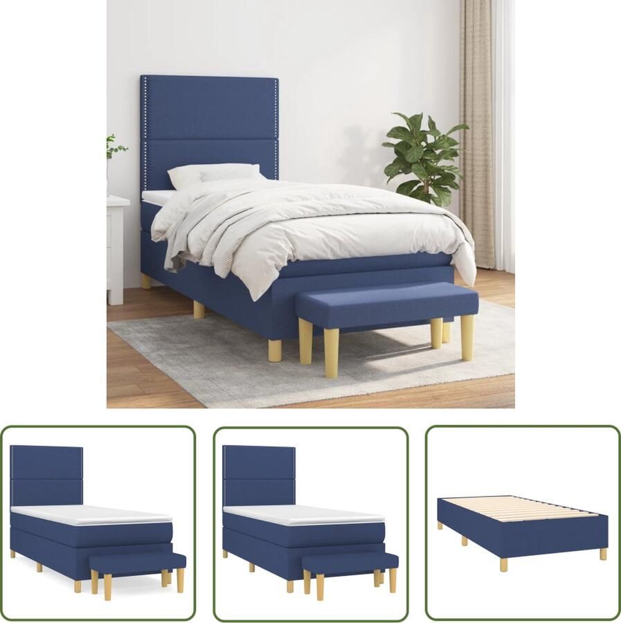 The Living Store Boxspringbed Luxe Blauw 203 x 90 x 118 128 cm Pocketvering Matras Middelharde Ondersteuning Huidvriendelijk Topmatras Multifunctioneel Bankje Boxspringbed Boxspring Tweepersoonsbed Luxe Bed Blauw Bed