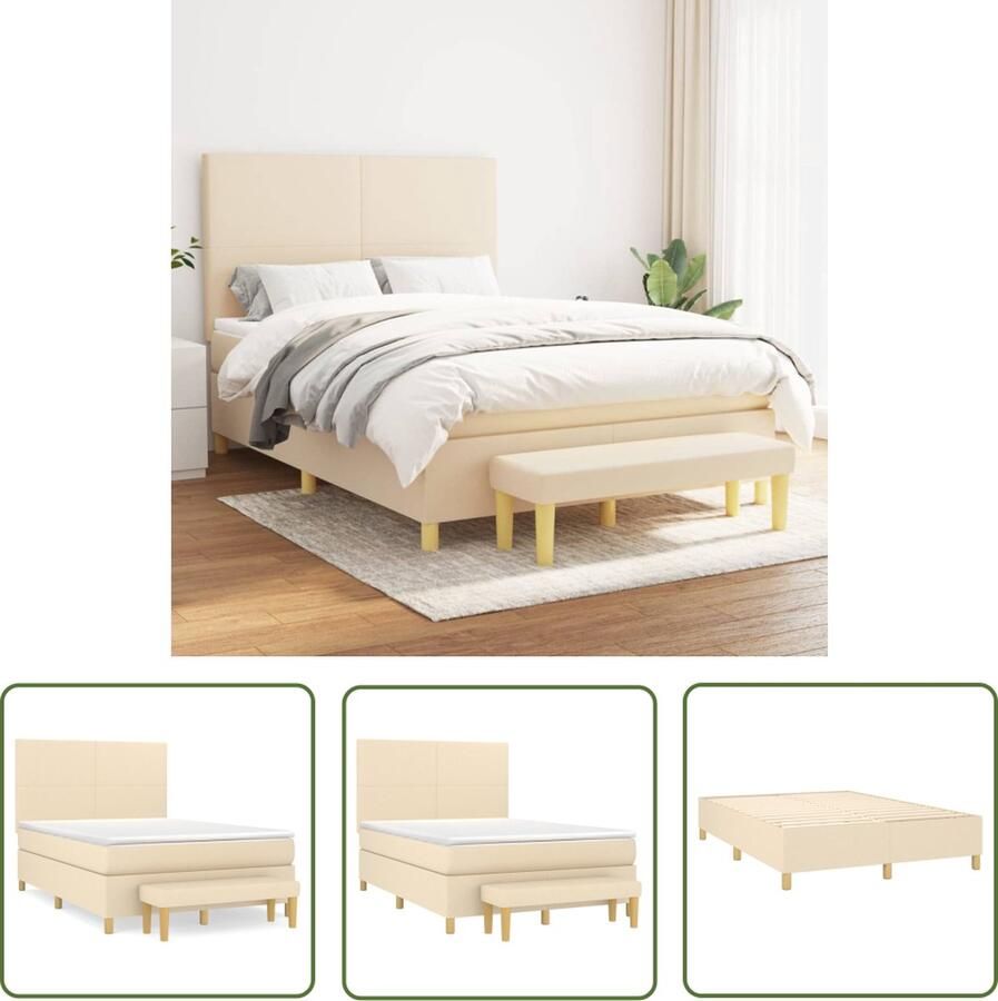 The Living Store Boxspringbed Crème 203 x 144 x 118 128 cm Met verstelbaar hoofdbord Pocketvering matras Middelharde ondersteuning Huidvriendelijk topmatras Multifunctioneel bankje