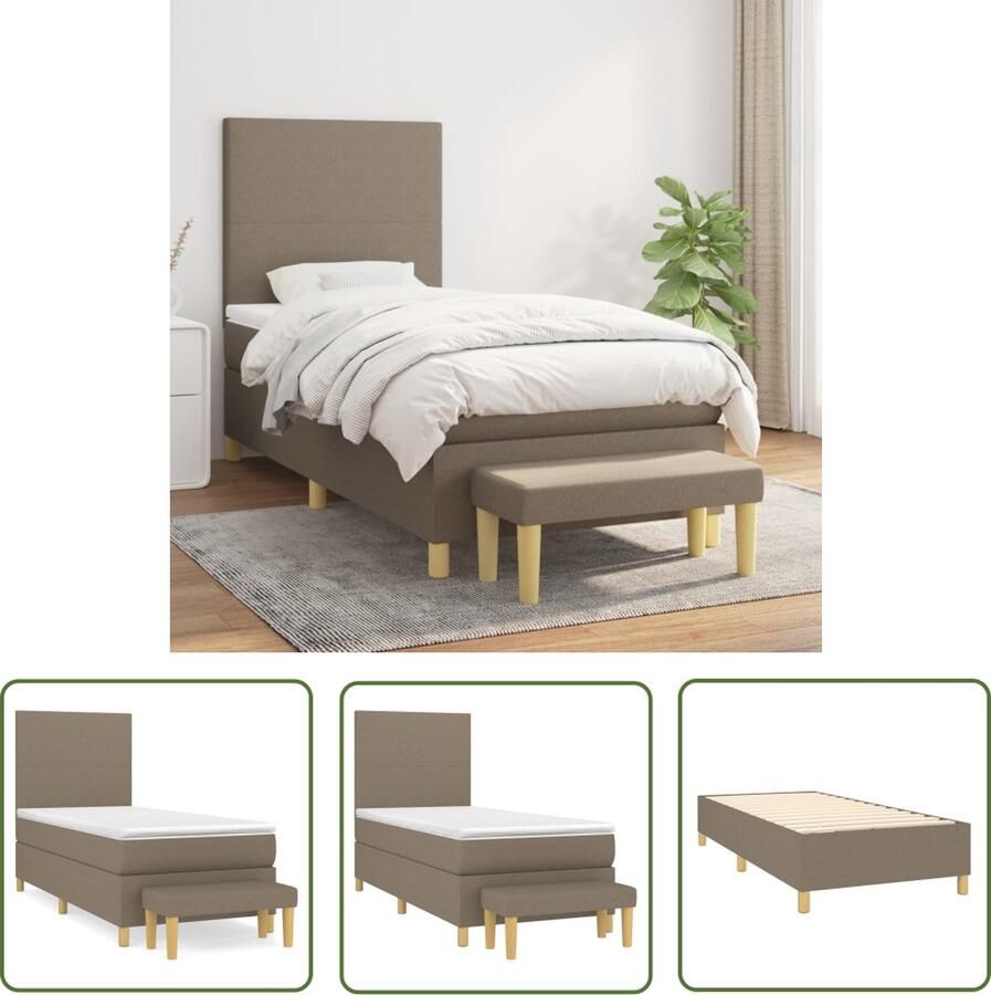 The Living Store Boxspringbed Taupe 203 x 100 x 118 128 cm Hoogte verstelbaar hoofdbord Pocketvering matras Middelharde ondersteuning Huidvriendelijk topmatras Multifunctioneel bankje Inclusief montagehandleiding