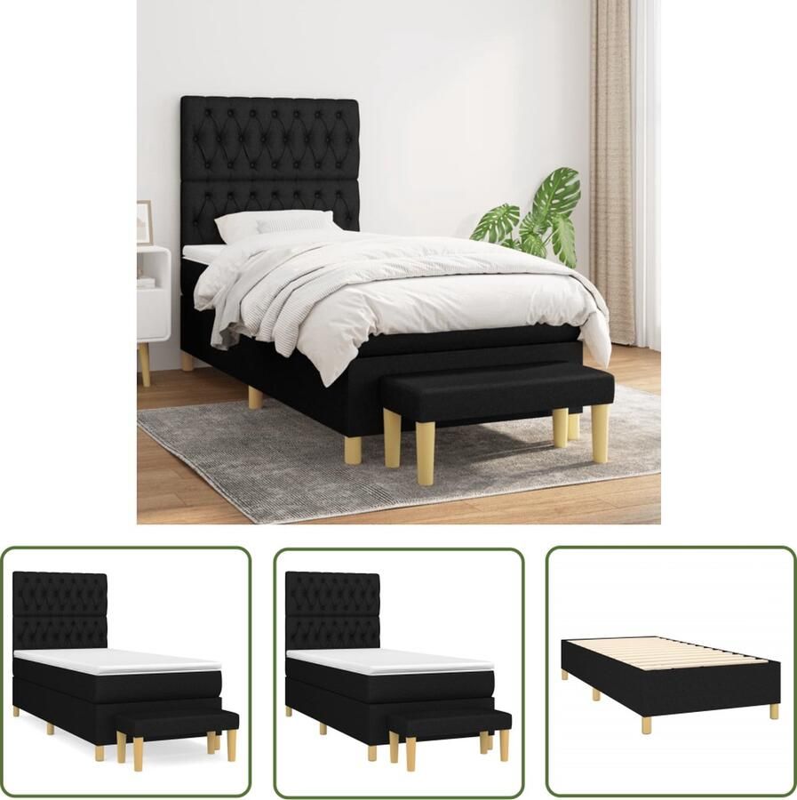 The Living Store Boxspringbed Pocketvering Middelhard 203 x 100 x 118 128 cm Zwart stof Verstelbaar hoofdbord Inclusief matras en topmatras Multifunctioneel bankje Boxspringbed Boxspring Tweepersoonsbed Stapelbed Zitzak