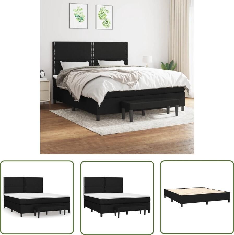 The Living Store Boxspringbed Zwart Stof 203 x 180 x 118 128 cm Verstelbaar hoofdbord Pocketvering matras Middelharde ondersteuning Huidvriendelijk topmatras Multifunctioneel bankje