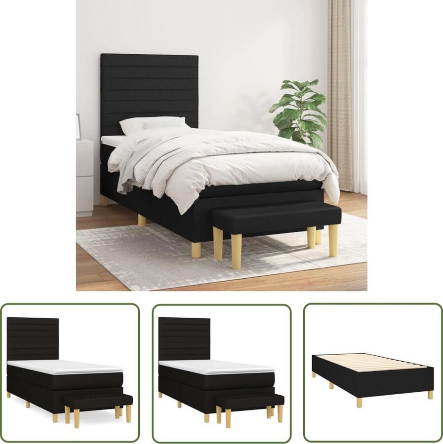 The Living Store Bed zwart Boxspring 193x90x118 128cm Pocketvering matras Middelharde ondersteuning Huidvriendelijk topmatras Multifunctioneel bankje Boxspring Bed Tweepersoonsbed Zwart Bed Houten Bed