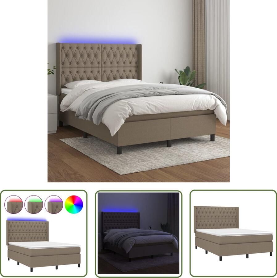 The Living Store Boxspring met matras en LED stof taupe 140x200 cm Boxspring Bed Boxspring Frame Led Lamp Slaapcomfort Taupecleur