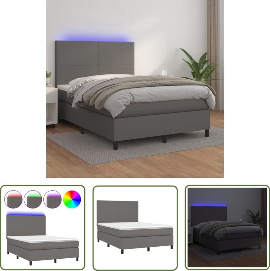 The Living Store Boxspring met matras en LED kunstleer grijs 140x200 cm Boxspring Set Boxspring Grijs Boxspring 140x200 Led Lampen Leder Look