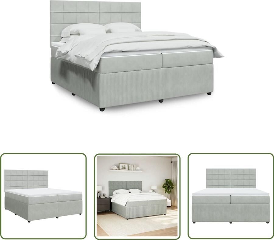 VidaXL Boxspring met matras fluweel lichtgrijs 200x200 cm Boxspring Slaapcomfort Fluweel Matras Pocketvering