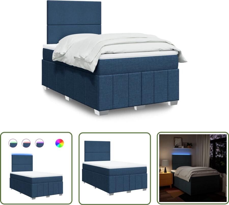 VidaXL Boxspring met matras stof blauw 120x200 cm Boxspring Slaapcomfort Pocketveringmatras Led Verlichting Hoofdbord