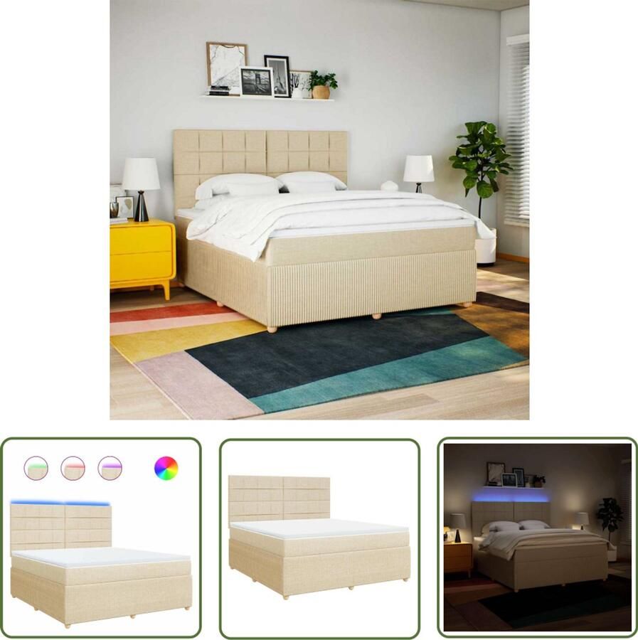 VidaXL Boxspring met matras stof crèmekleurig 180x200 cm Boxspring Slaapcomfort Matras Led Verlichting Creme Kleur