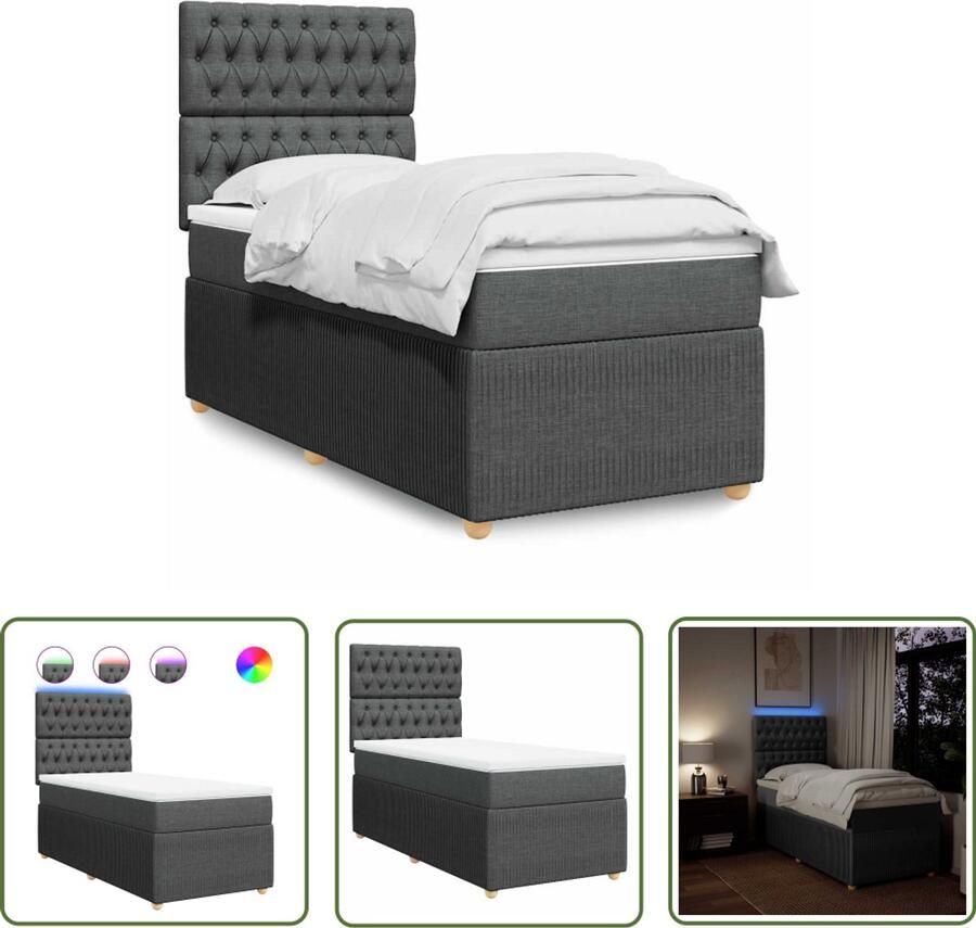 VidaXL Boxspring met matras stof donkergrijs 100x200 cm Boxspring Matras Led Verlichting Hoofdbord Dark Grey