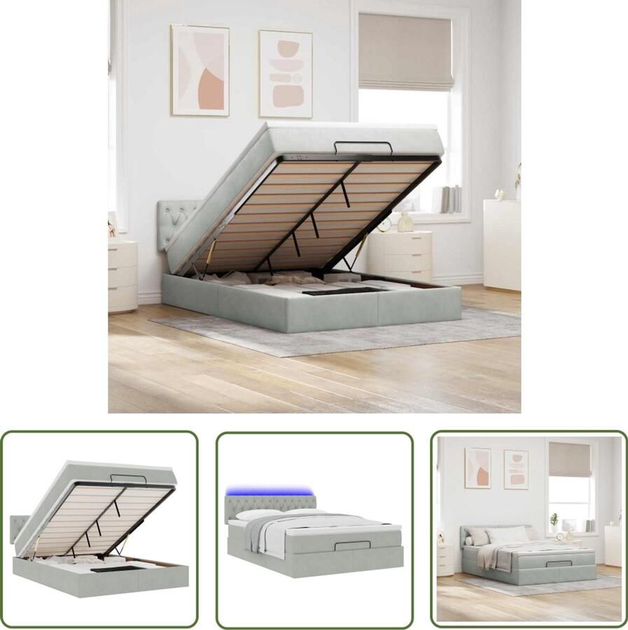 VidaXL Boxspring Ottomaans Bed Ottoman bed met matras en LED's 140x190cm fluweel lichtgrijs Tweepersoonsbed Led Verlichting Opbergruimte