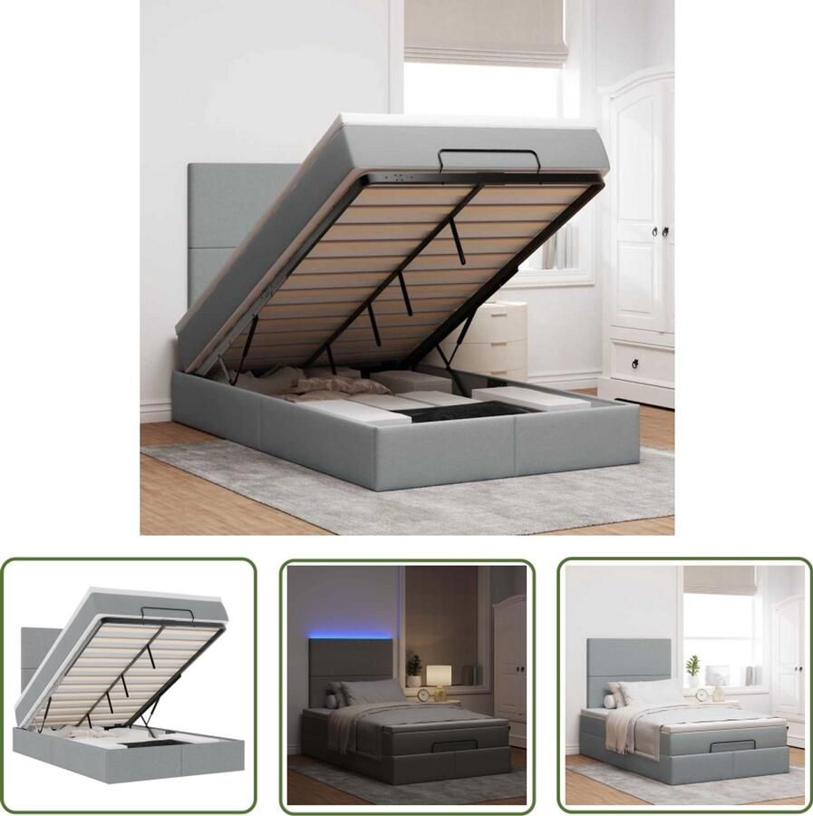 VidaXL Boxspring Ottoman Bed Ottoman bed met matras en LED's 120x190 cm stof lichtgrijs Slaapcomfort Led Verlichting Opbergbed
