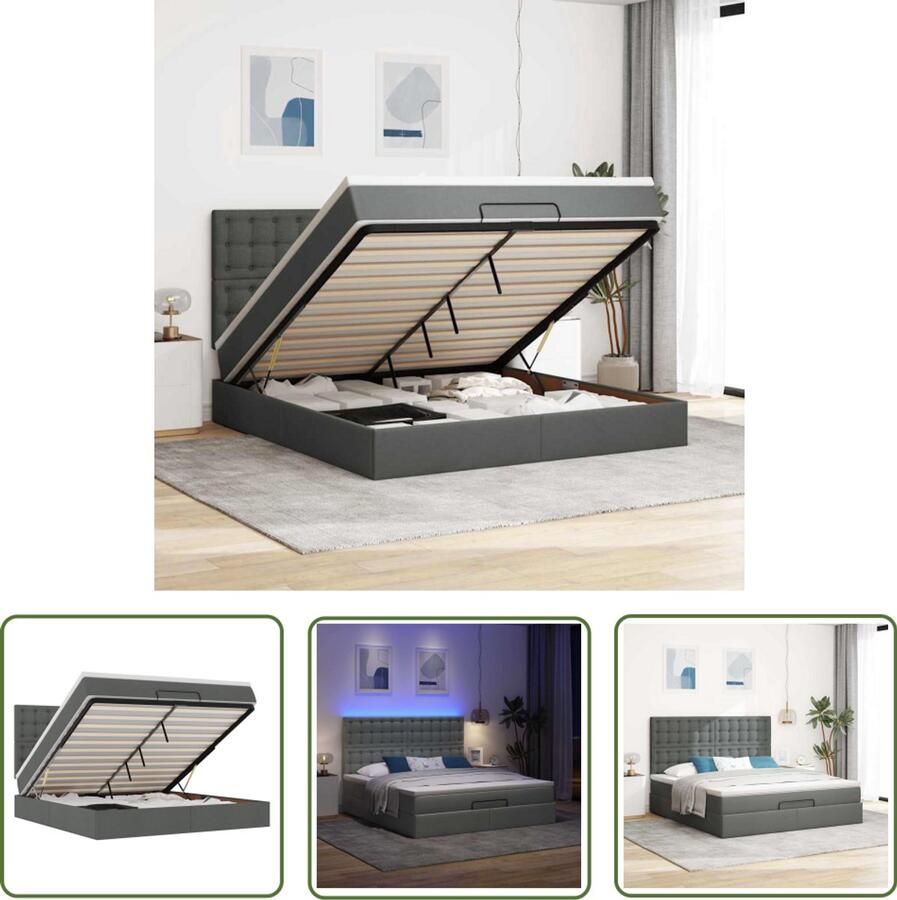 VidaXL Ottoman bed met matras en LED's 160x200cm stof donkergrijs Ottoman Bed Boxspring Led Lampen Slaapcomfort Opbergruimte