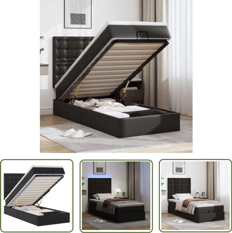 VidaXL Ottoman bed met matras en LED's 90x200cm kunstleer zwart Bed Frame Ottoman Bed Boxspring Led Lamp Kunstleder