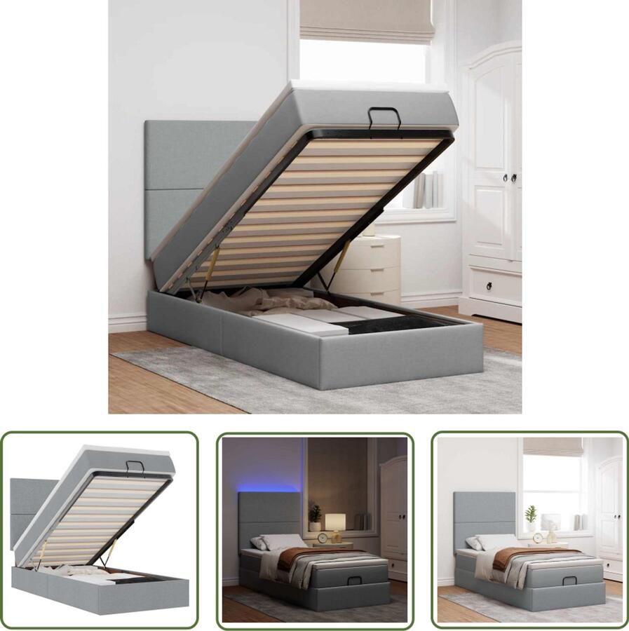 The Living Store Ottoman bed met matras en LED's 90x190cm stof lichtgrijs Ottoman Bed Boxspring Tweepersoons Bed Stapelbed Kinderbed