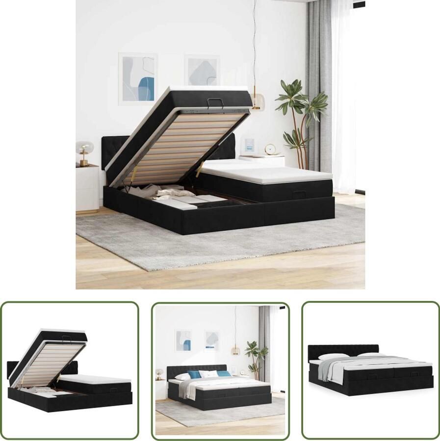 VidaXL Ottoman bed met matrassen 160x200cm fluweel zwart Ottoman Bed Boxspring Slaapcomfort Opbergruimte Fluweel Bed