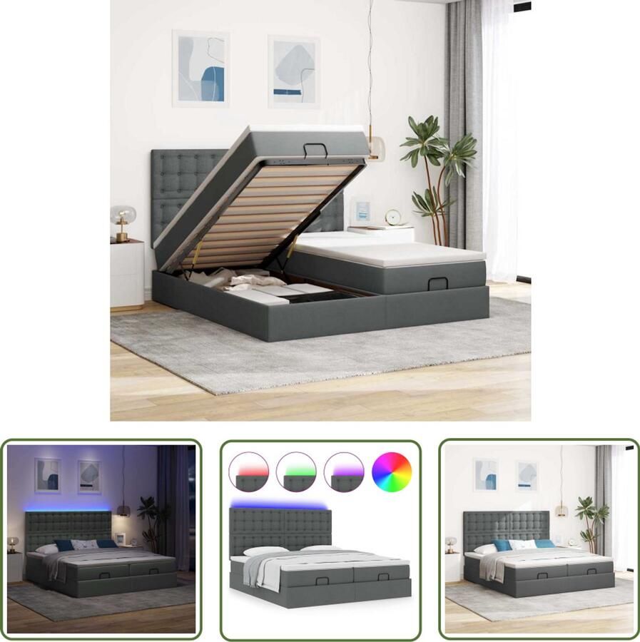 VidaXL Boxspring Ottoman Bed Ottoman bed met matrassen en LED's 200x200cm stof donkergrijs Led Lamp Slaapcomfort Opbergruimte