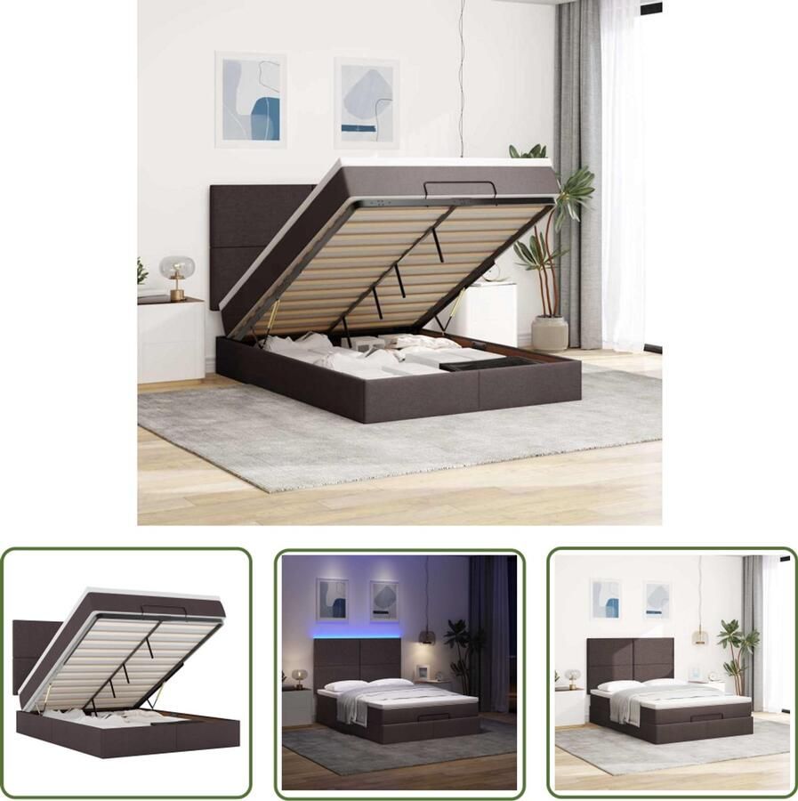 VidaXL Ottoman bed met matras en LED's 140x190cm stof donkerbruin Ottomanbed Boxspring Tweepersoonsbed Led Lampjes Opbergruimte