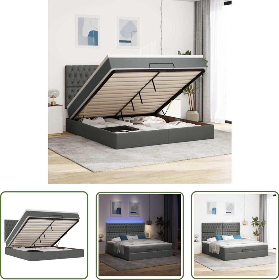 VidaXL Ottoman bed met matras en LED's 160x200cm stof donkergrijs Ottomanbed Boxspring Led Lampen Slaapcomfort Opbergruimte