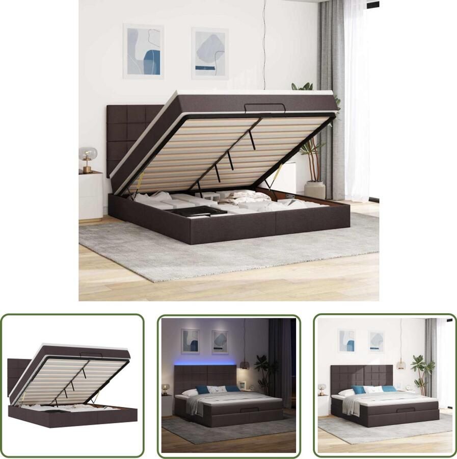 VidaXL Ottoman bed met matras en LED's 180x200cm stof donkerbruin Ottomanbed Boxspring Led Lampen Slaapcomfort Opbergruimte