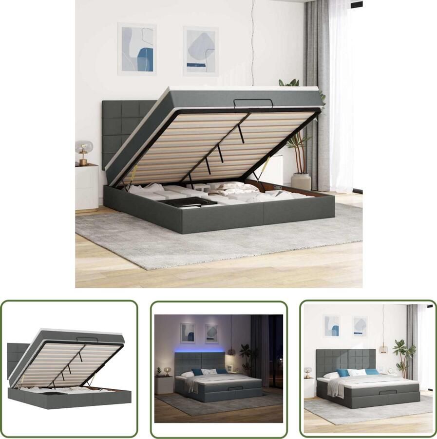 VidaXL Ottoman bed met matras en LED's 180x200cm stof donkergrijs Ottomanbed Boxspring Led Lampen Slaapcomfort Opbergruimte