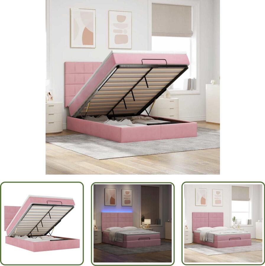 VidaXL Ottoman bed met matrassen en LED's 140x190cm fluweel roze Ottomanbed Boxspring Led Lampjes Slaapcomfort Fluweel