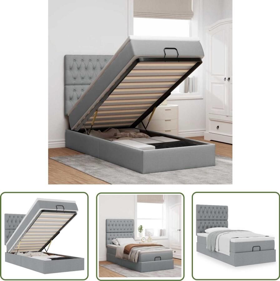 The Living Store Bed met matras 100x200 cm stof lichtgrijs Poefbed Boxspring Tweepersoonsbed Ottoman Bed Slaapcomfort