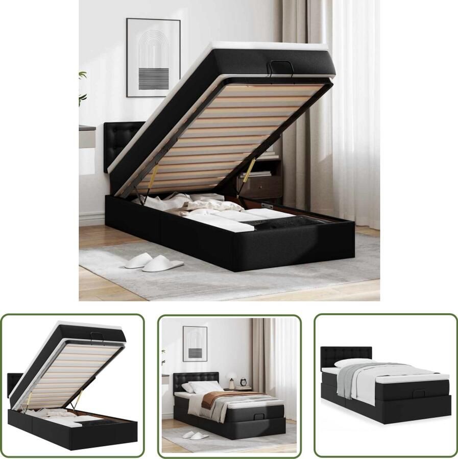 The Living Store Ottomaanse bed met matras 80x200cm kunstleer zwart Poefbed Boxspring Slaapbank Tweepersoonsslaapbank Stapelbaar Bed