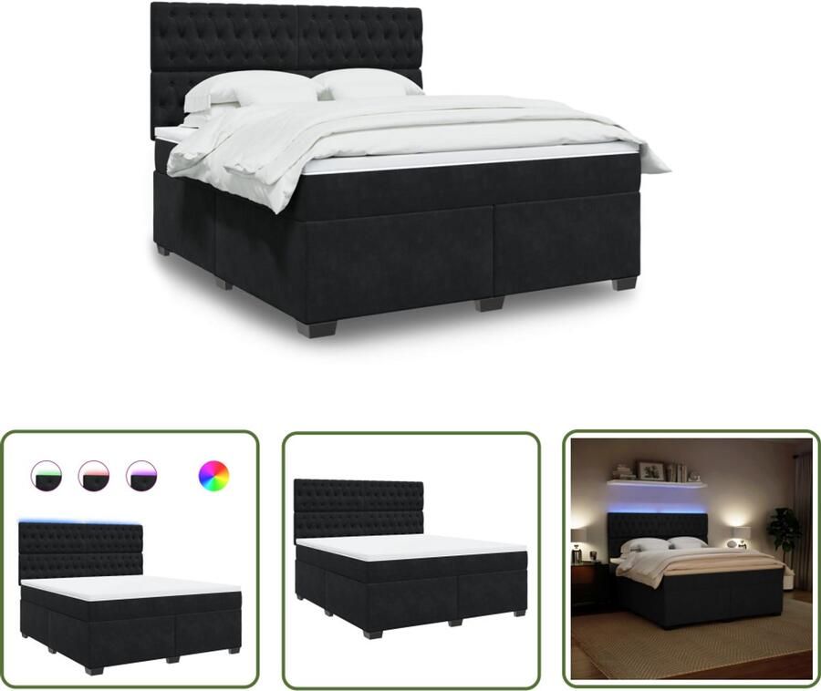 VidaXL Boxspring Set Boxspring met matras fluweel zwart 180x200 cm Tweepersoons Bed Fluweel Bed Led Verlichting
