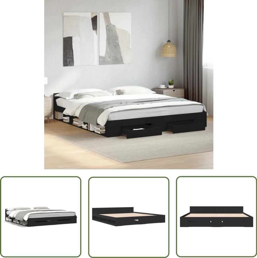 VidaXL Boxspring Slaapbank Bedframe met lades bewerkt hout zwart 200x200 cm Tweepersoonsbed Houten Bed Frame