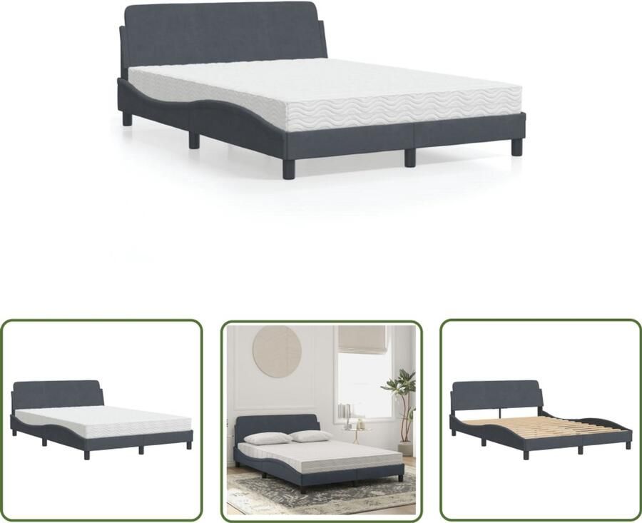 VidaXL Boxspring Slaapcomfort Bed met matras Dover fluweel donkergrijs 140x200 cm Tweepersoonsbed Donkere Kleuren Fluweel Bed