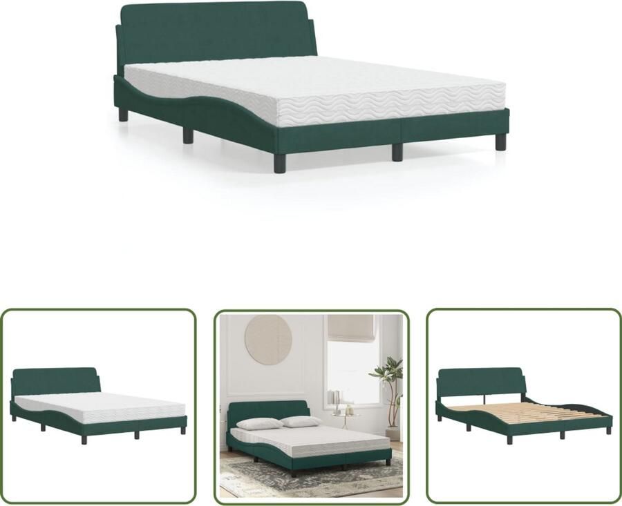 VidaXL Boxspring Slaapcomfort Bed met matras Dover fluweel donkergroen 140x190 cm Tweepersoonsbed Donkere Kleuren Luxe Bed