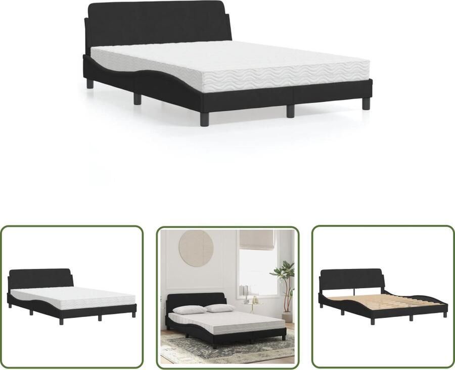 The Living Store Bed framed 140 x 190 cm Schuimmatras Zwart fluweel H2 H3 Slaapcomfort Boxspring Tweepersoonsbed Velvet Bed Design Bed
