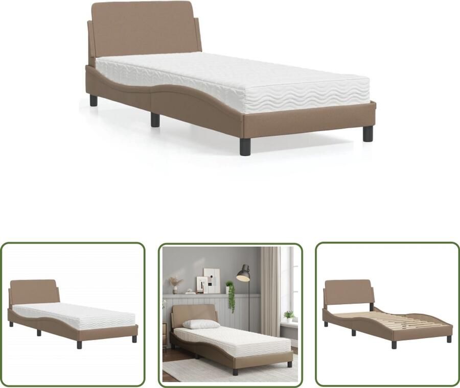 VidaXL Boxspring Slaapcomfort Bed met matras Dover kunstleer cappuccinokleurig 90x200 cm Tweepersoonsbed Kapstok Bruine Bank