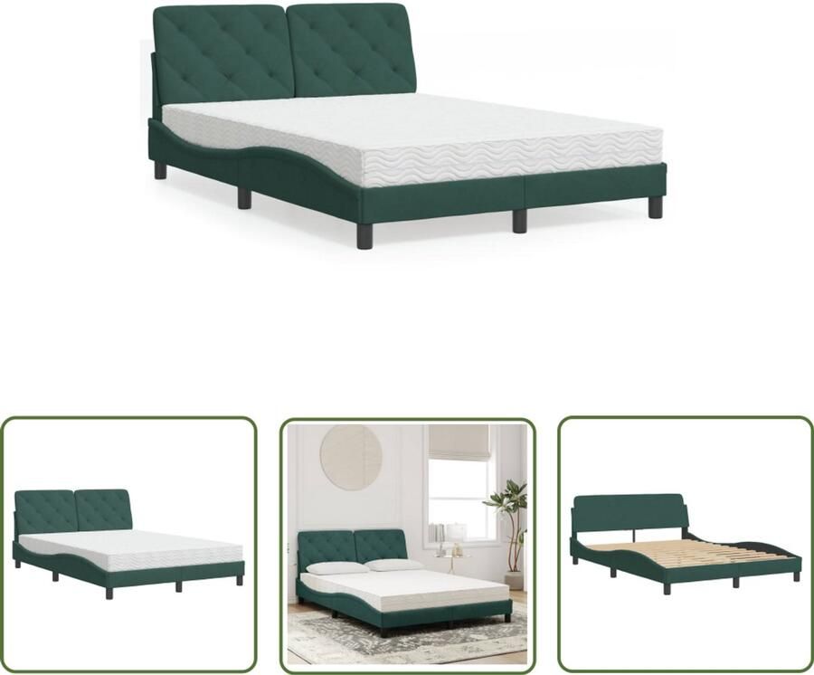 VidaXL Boxspring Slaapcomfort Bed met matras fluweel donkergroen 140x190 cm Tweepersoonsbed Donkere Kleuren Fluweel Bed