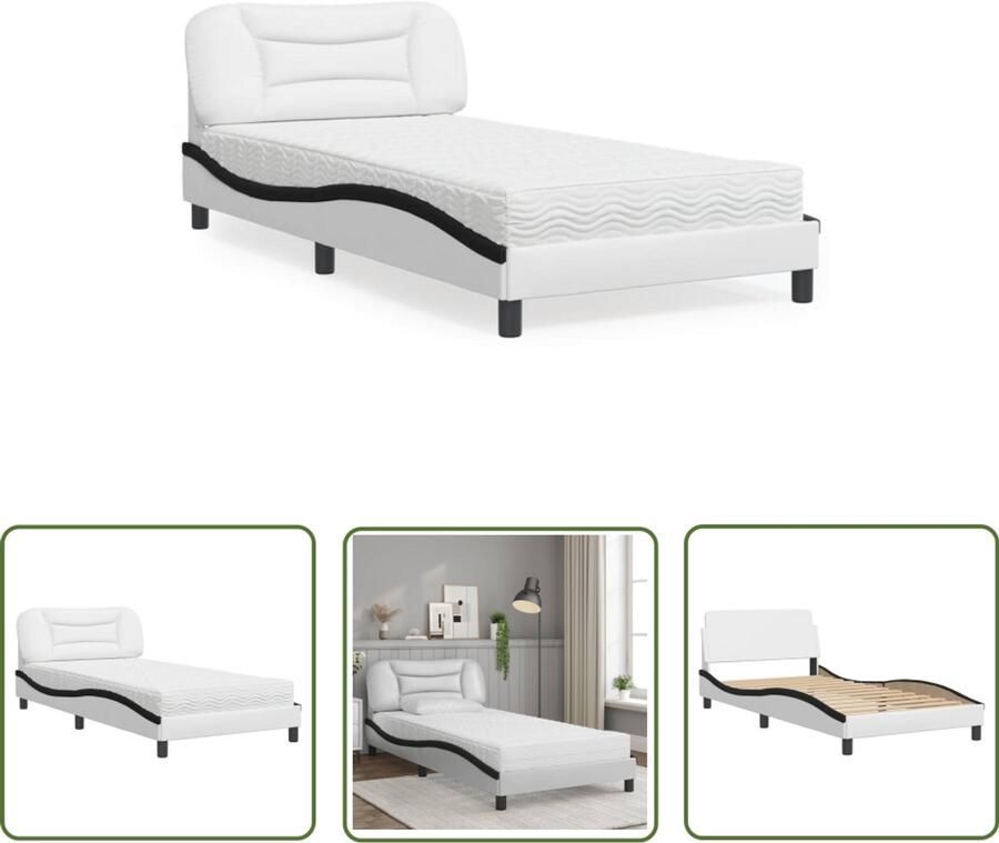 VidaXL Boxspring Slaapcomfort Bed met matras Hvar kunstleer wit en zwart 100x200 cm Tweepersoonsbed Designbed Modern Bed