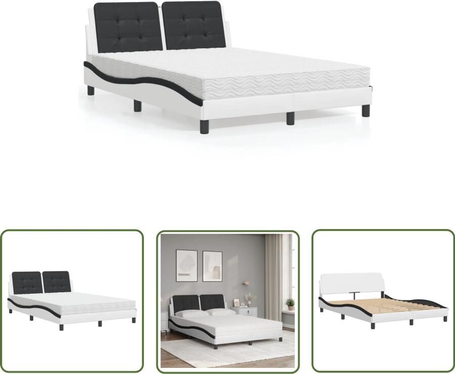VidaXL Bed met matras Zadar kunstleer wit en zwart 140x200 cm Slaapcomfort Boxspring Tweepersoonsbed Kunstleer Bed Modern Bed