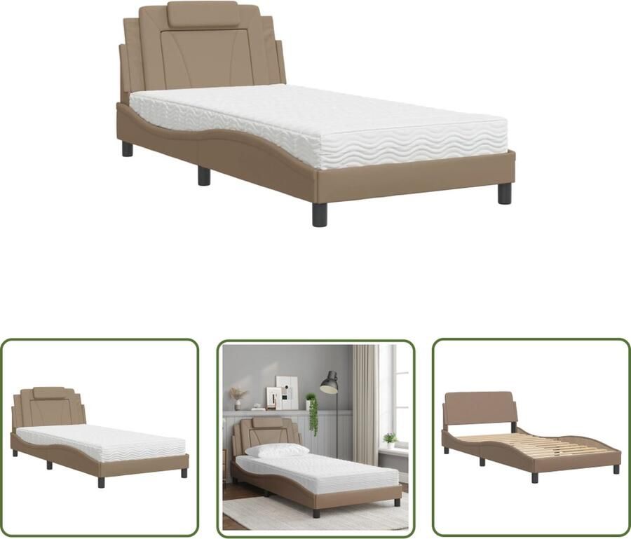 The Living Store Bed Cappuccino Kunstleer 100 x 200 cm Multiplex Lattenbodem Slaapcomfort Boxspring Tweepersoonsbed Kapstok Houten Bed