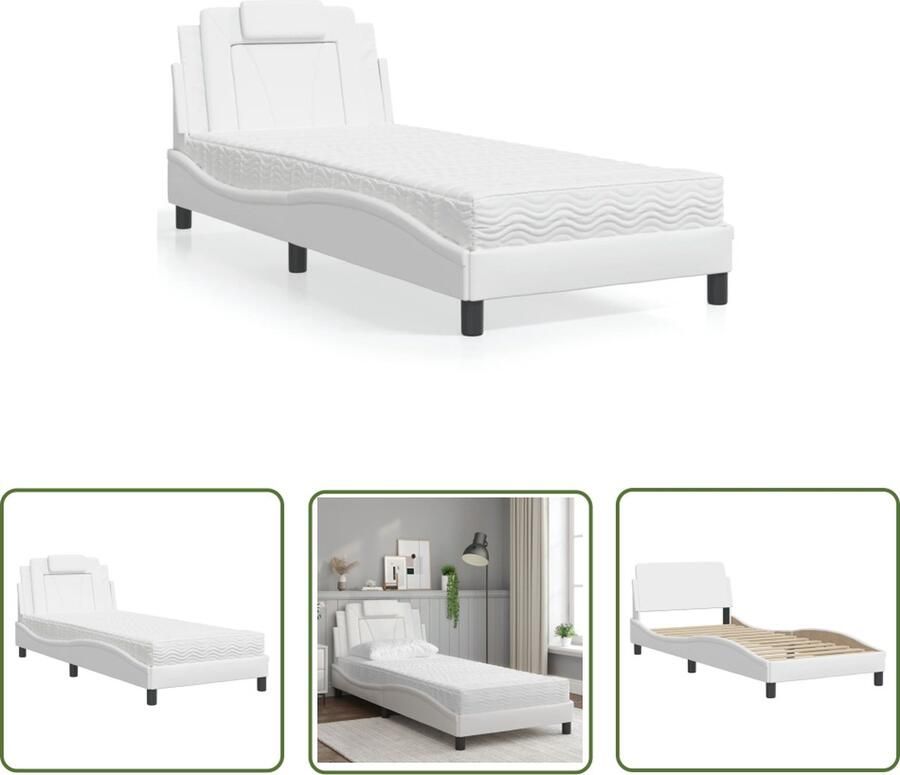 The Living Store Bed Kunstleer 90 x 190 cm Schuimmatras H2 H3 Wit Slaapcomfort Boxspring Tweepersoonsbed Designbed Lederlook