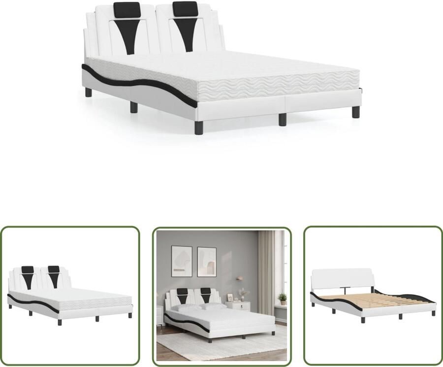 VidaXL Boxspring Slaapcomfort Bed Viana met matras kunstleer wit en zwart 140x200 cm Tweepersoonsbed Kunstleder Bed Modern Bed
